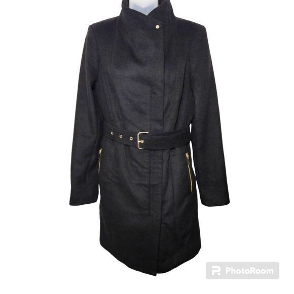 Vera Moda Wool Blend Black Mock Neck Belted Coat Sz M - Picture 1 of 14